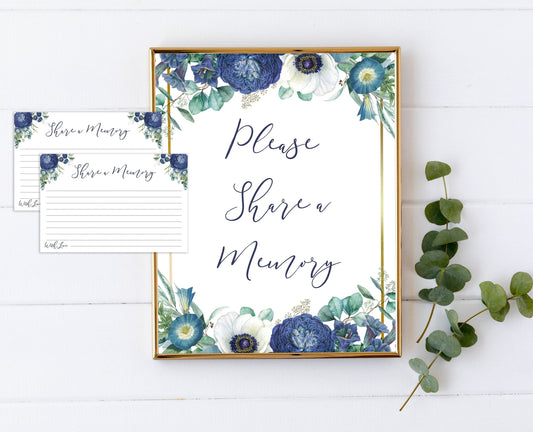 Blue Floral Share a Memory Sign and Cards for Funeral | Navy Blue Flowers Memorial Keepsake | Navy Blue Celebration of Life Favors | B120 - lovingmemoryprints