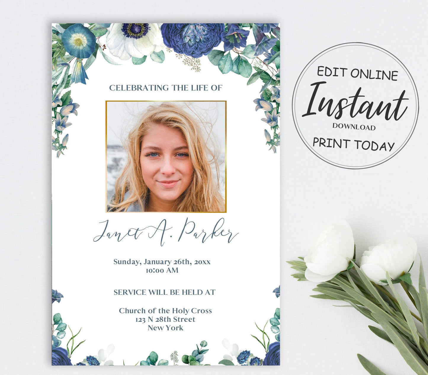 Blue Flowers Funeral Invitation Template - lovingmemoryprints