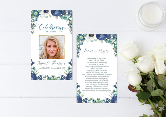 Blue Roses Funeral Prayer Cards Template - lovingmemoryprints