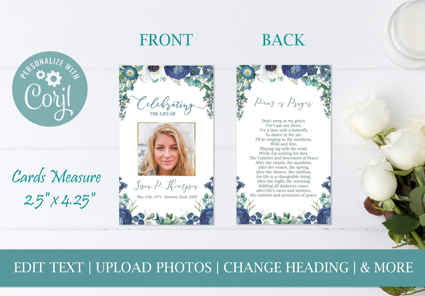 Blue Roses Funeral Prayer Cards Template - lovingmemoryprints