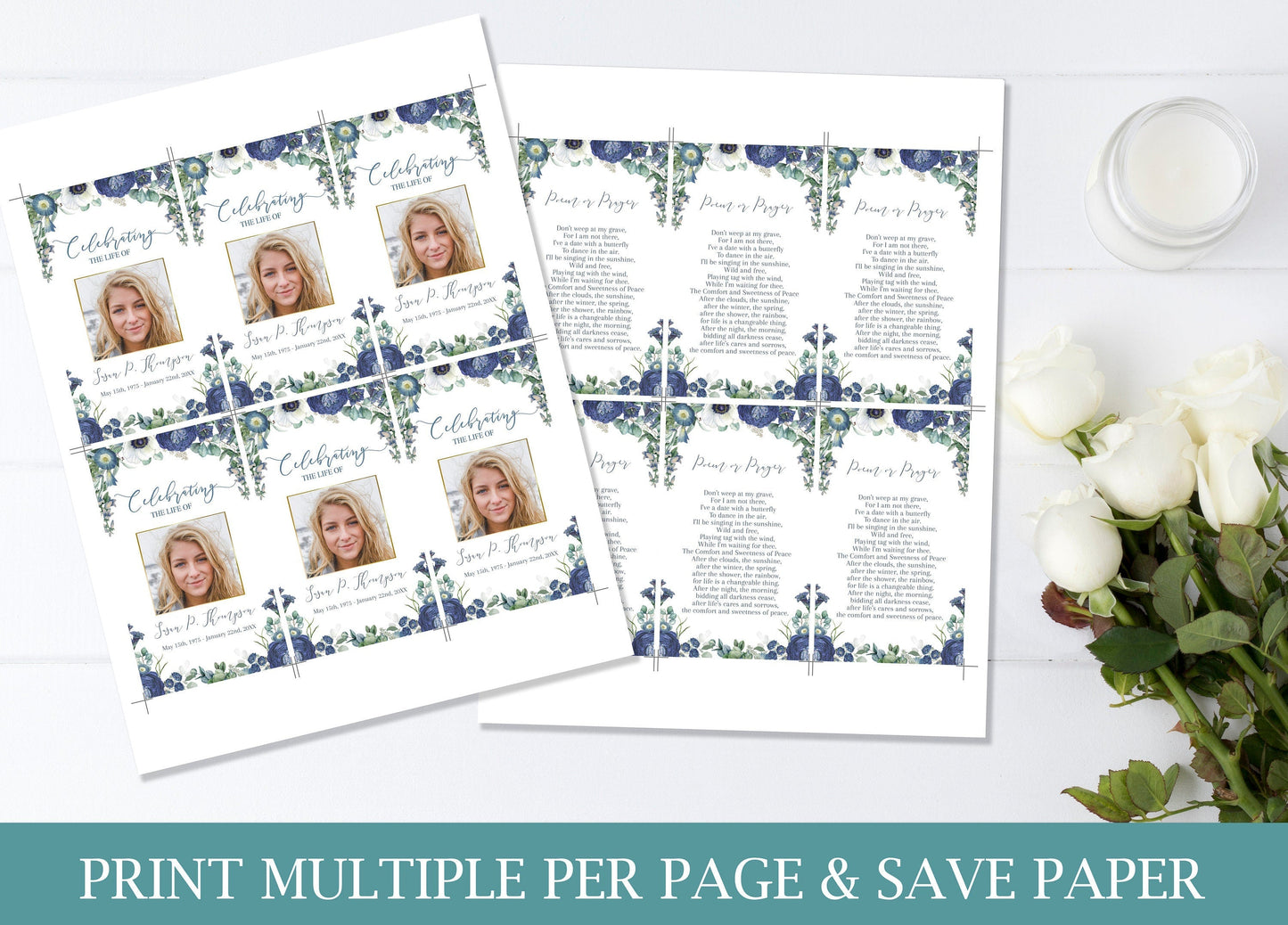 Blue Roses Funeral Prayer Cards Template - lovingmemoryprints
