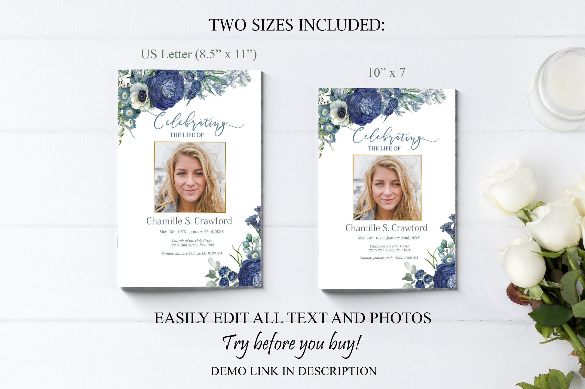 Blue Roses Funeral Program Template - Editable - 4 Page - lovingmemoryprints