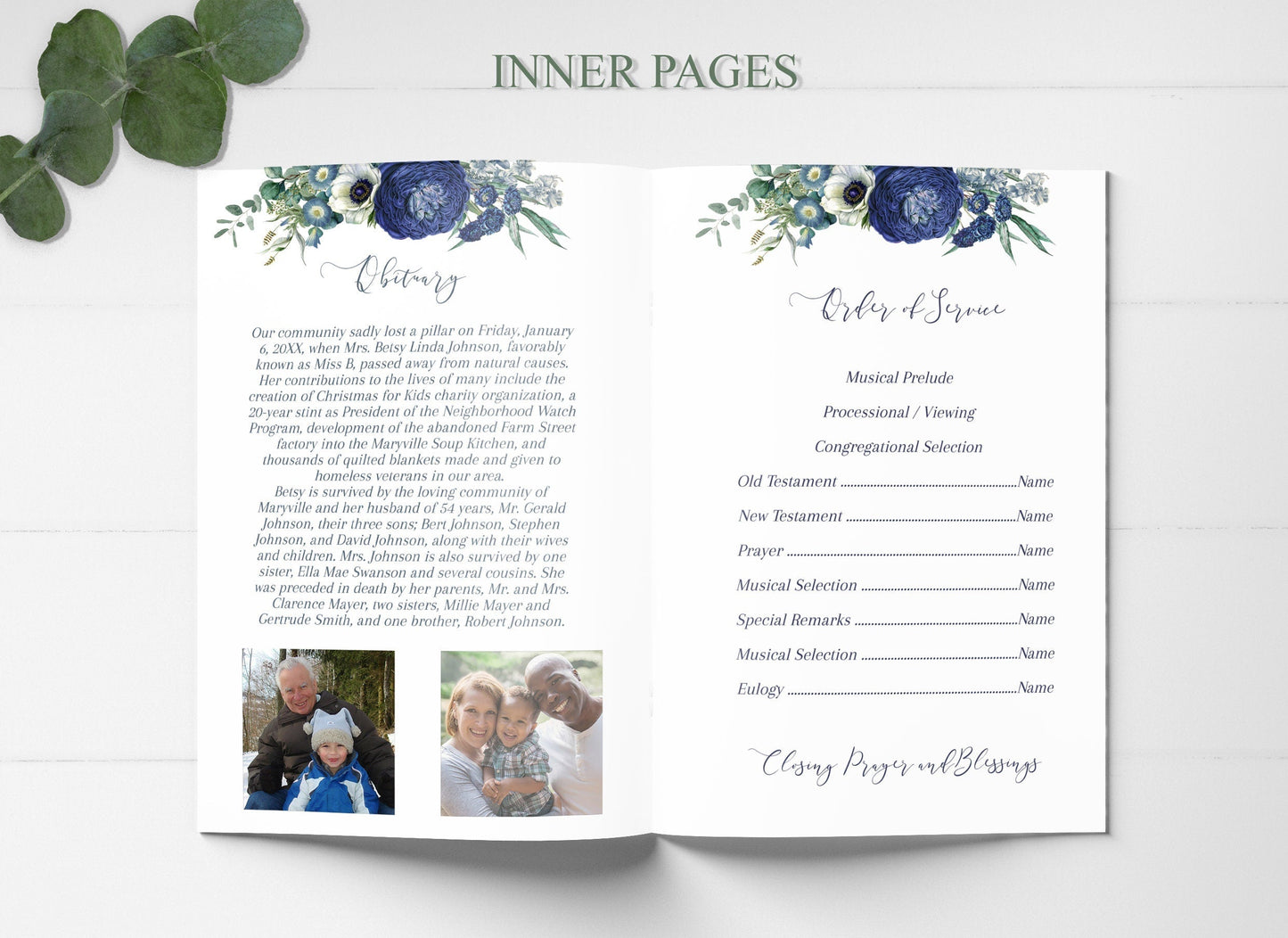 Blue Roses Funeral Program Template - Editable - 4 Page - lovingmemoryprints