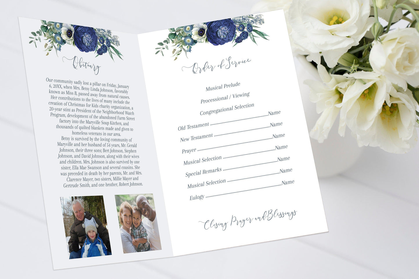 Blue Roses Funeral Program Template - Editable - 4 Page - lovingmemoryprints