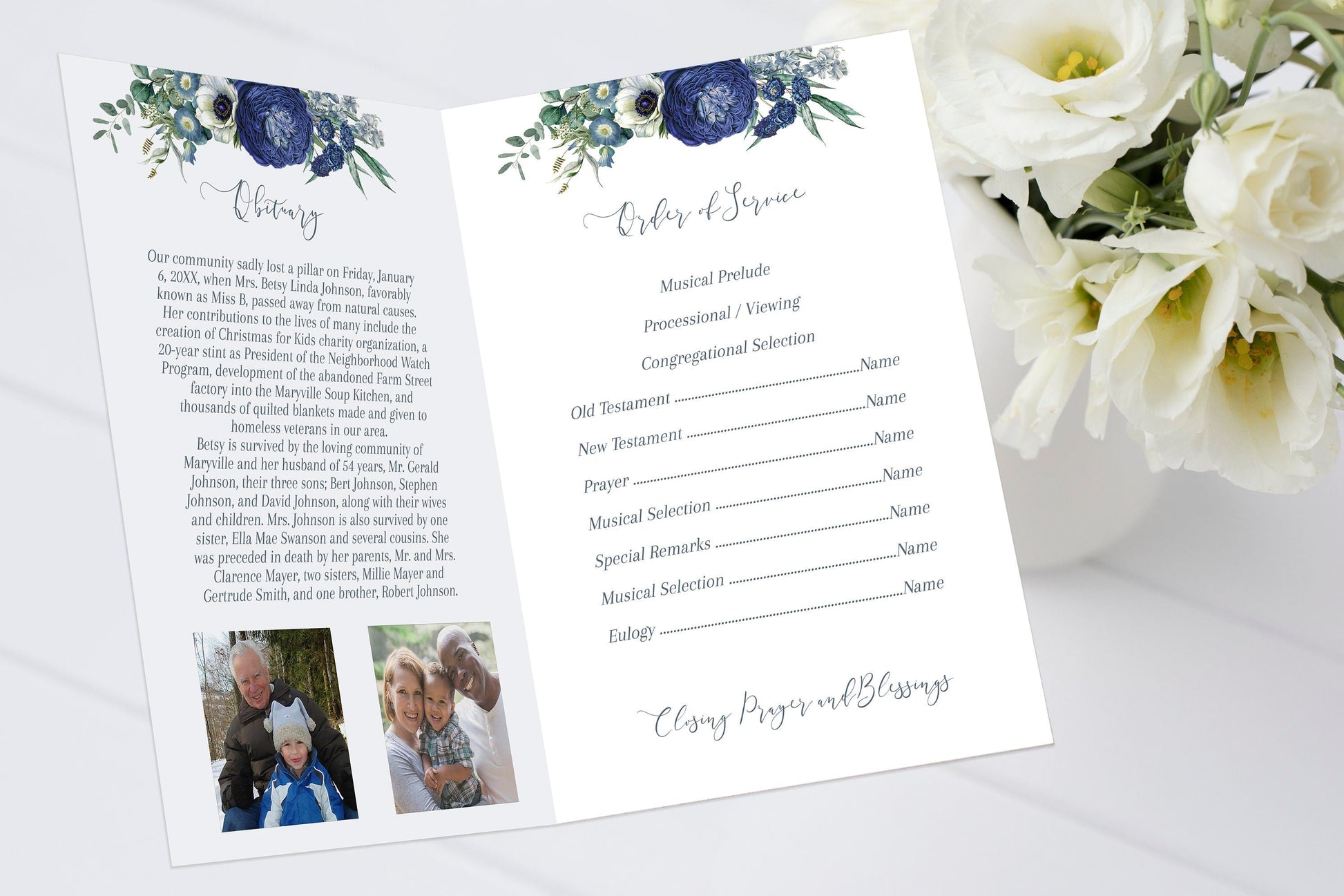 Blue Roses Funeral Program Template - Editable - 4 Page - lovingmemoryprints