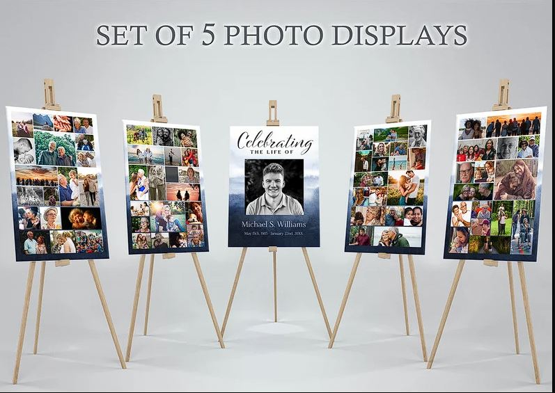Blue Watercolor Funeral Poster With Photo Display Templates - Set of 5 - lovingmemoryprints