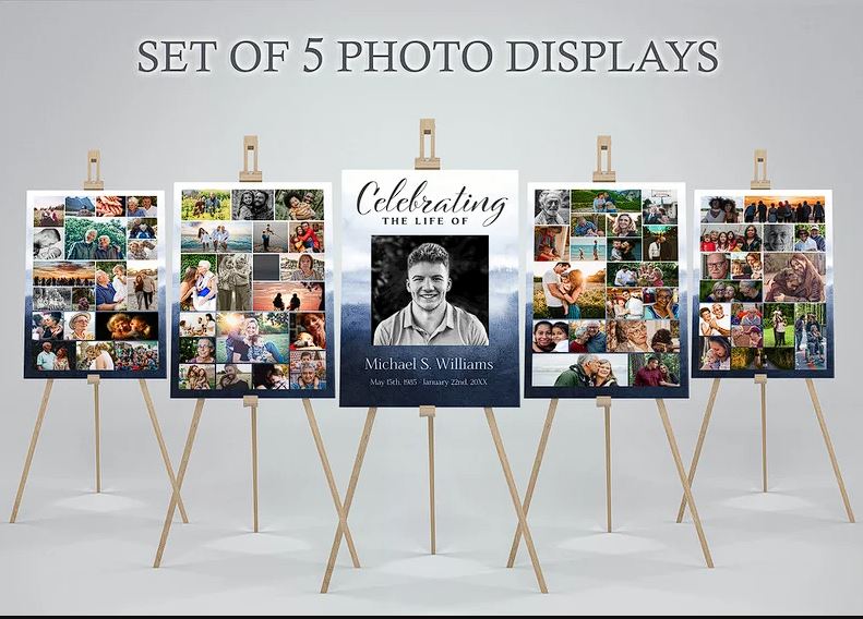 Blue Watercolor Funeral Poster With Photo Display Templates - Set of 5 - lovingmemoryprints