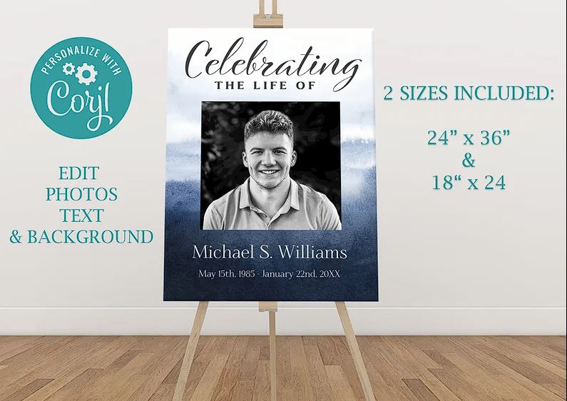 Blue Watercolor Funeral Poster With Photo Display Templates - Set of 5 - lovingmemoryprints
