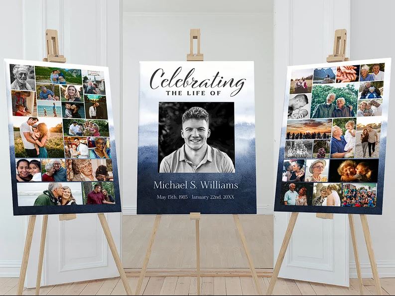 Blue Watercolor Theme Funeral Poster Photo Display Template - set of 3 - lovingmemoryprints