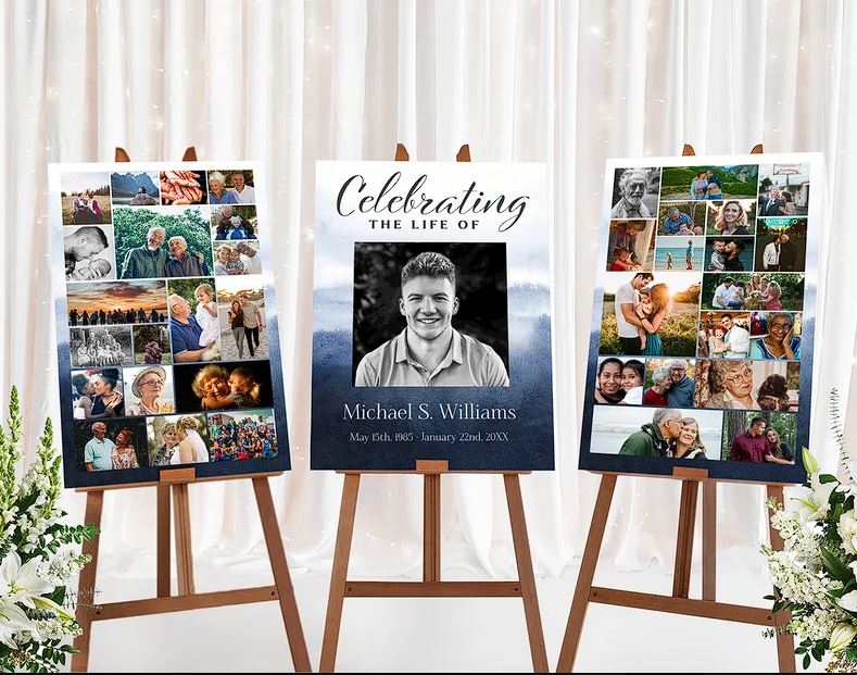 Blue Watercolor Theme Funeral Poster Photo Display Template - set of 3 - lovingmemoryprints