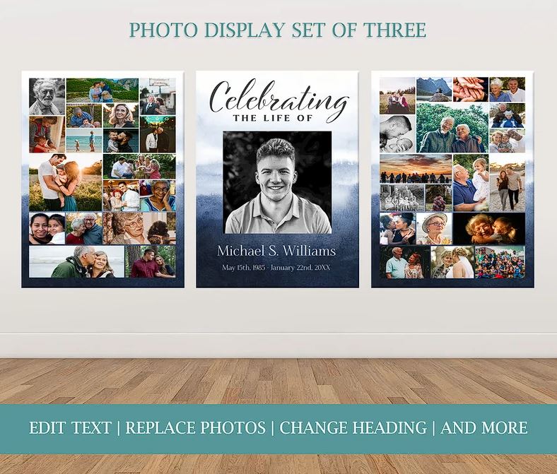 Blue Watercolor Theme Funeral Poster Photo Display Template - set of 3 - lovingmemoryprints