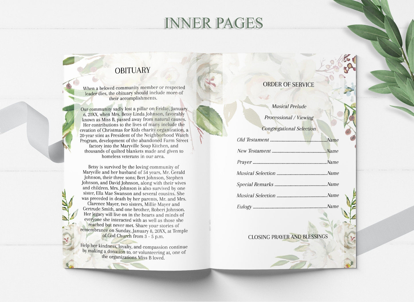Classic Greenery Funeral Program Template 8 Pages - lovingmemoryprints