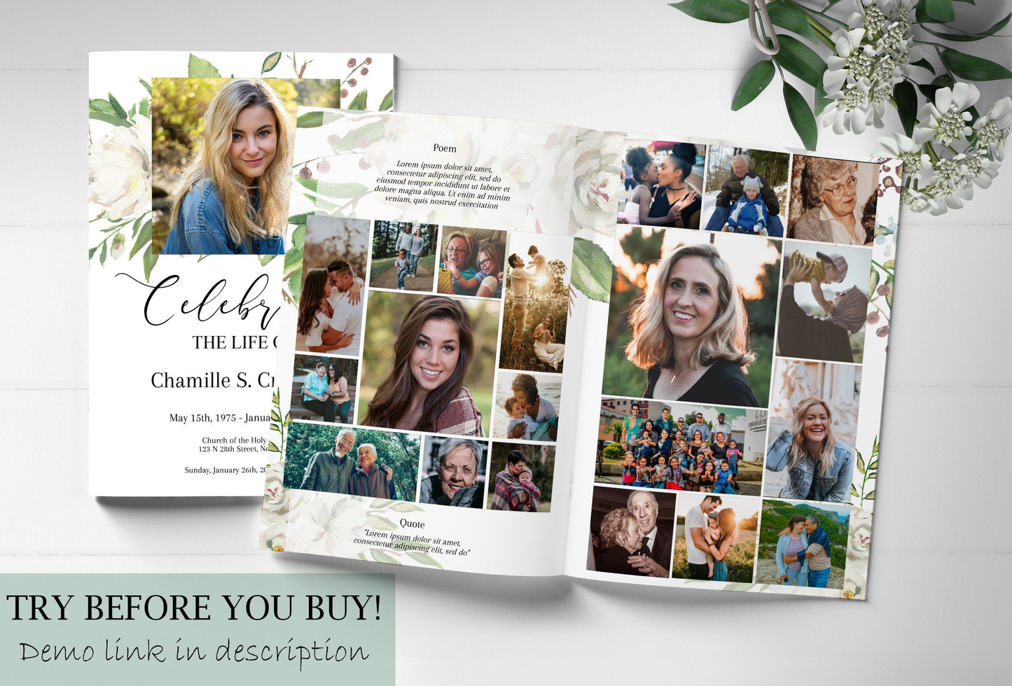Classic Greenery Funeral Program Template 8 Pages - lovingmemoryprints