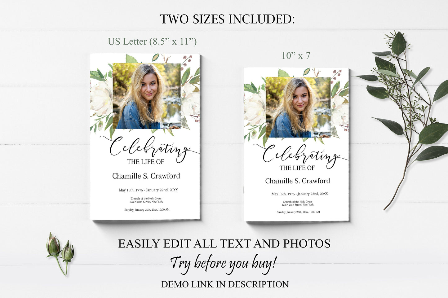 Classic Greenery Funeral Program Template 8 Pages - lovingmemoryprints