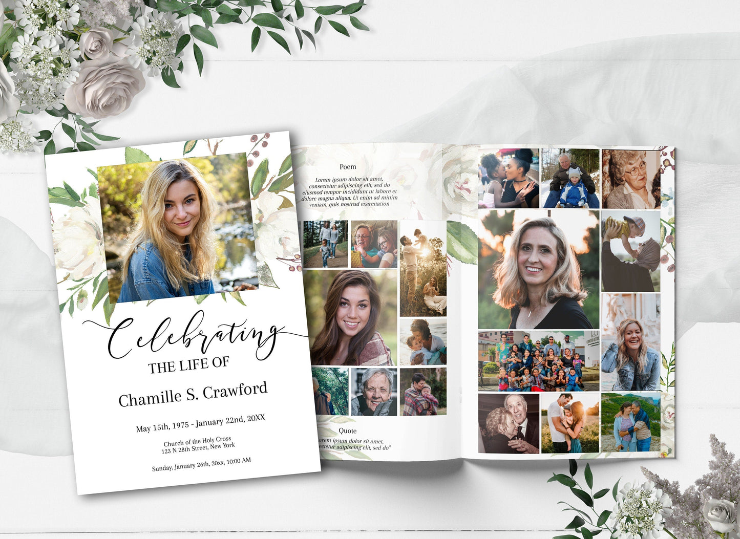 Classic Greenery Funeral Program Template 8 Pages - lovingmemoryprints