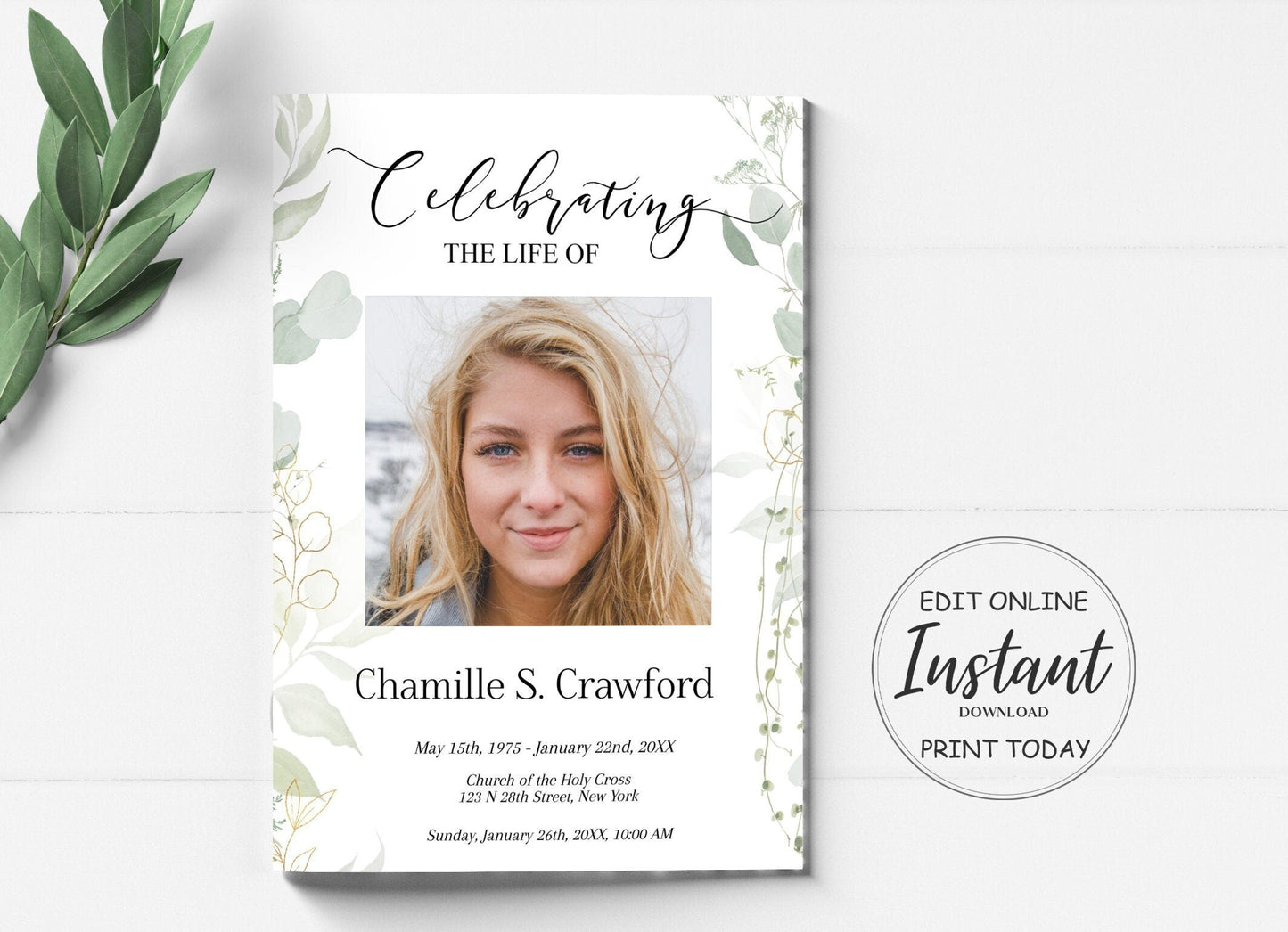 Classy Greenery and Gold Episcopal Funeral Program Template - 4 Page - lovingmemoryprints