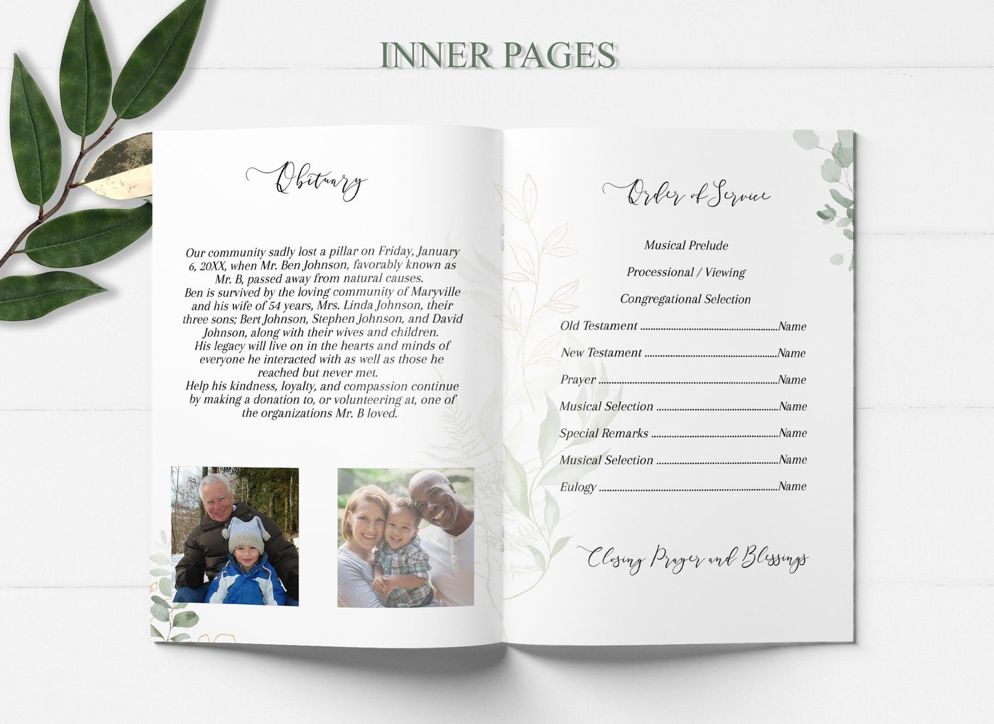 Classy Greenery and Gold Episcopal Funeral Program Template - 4 Page - lovingmemoryprints