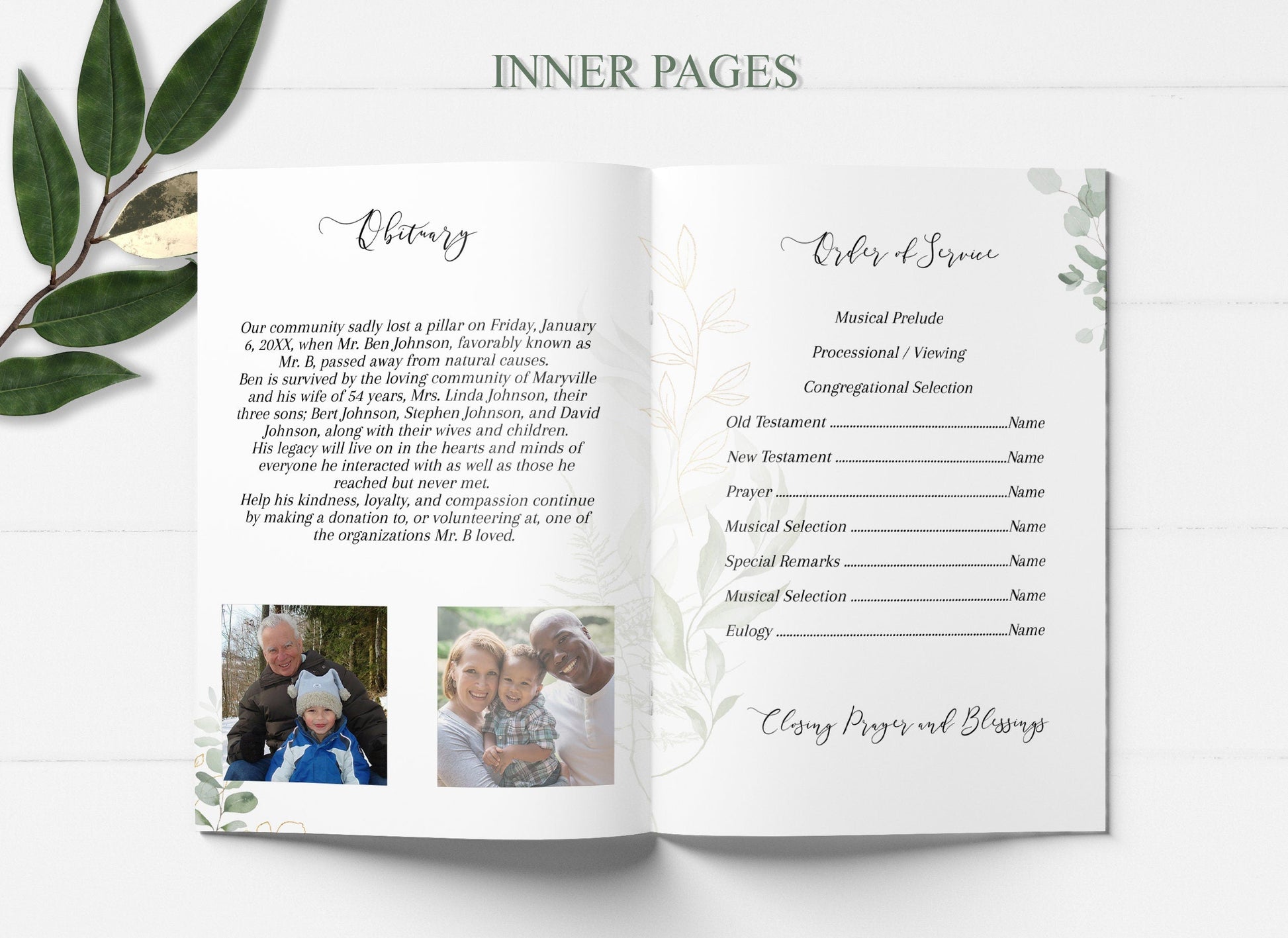 Classy Greenery and Gold Episcopal Funeral Program Template - 4 Page - lovingmemoryprints