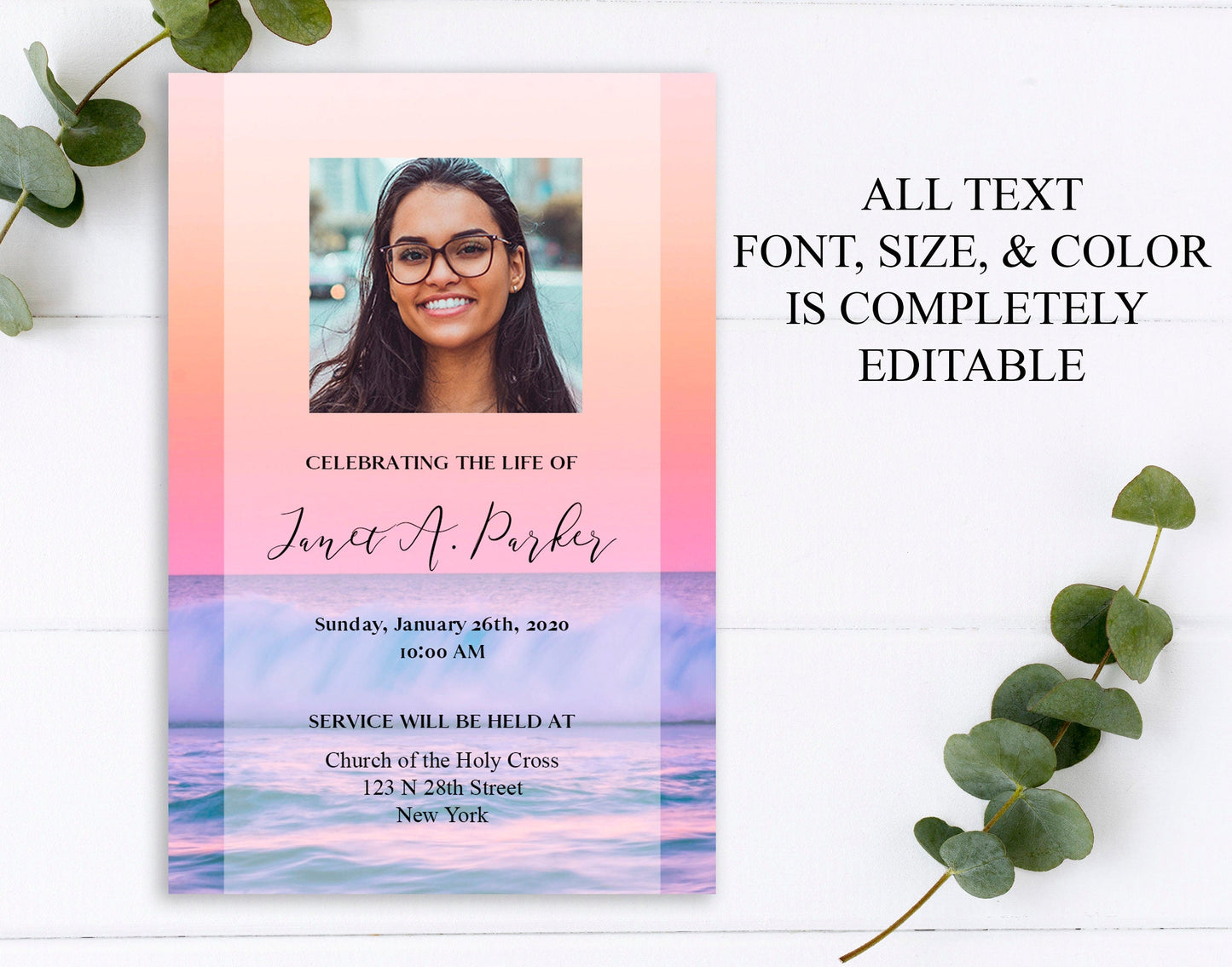 Colorful Ocean Sunset Funeral Announcement Template - lovingmemoryprints