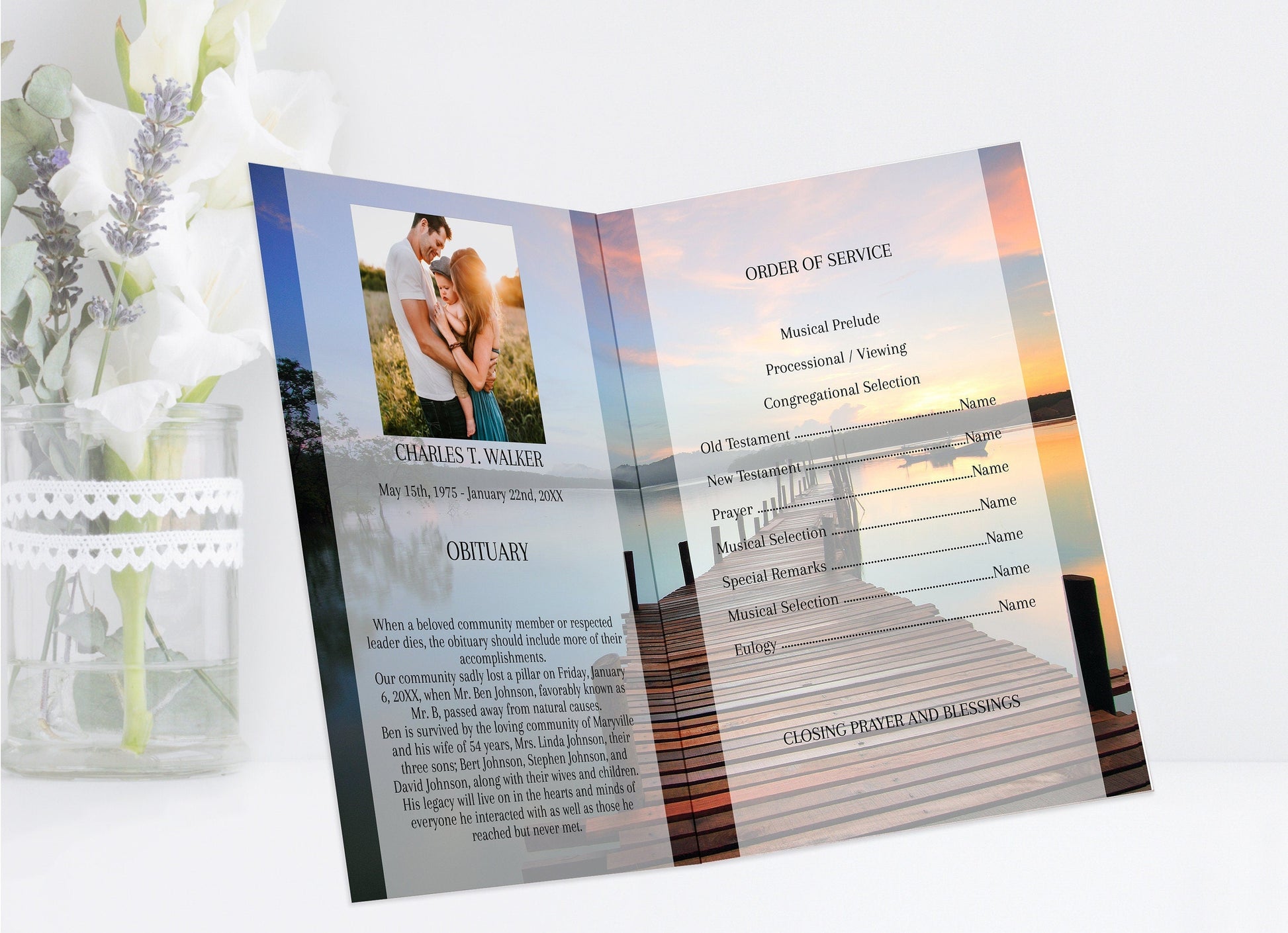 Dock At Sunset Theme Funeral Program Template - 4 Page - lovingmemoryprints