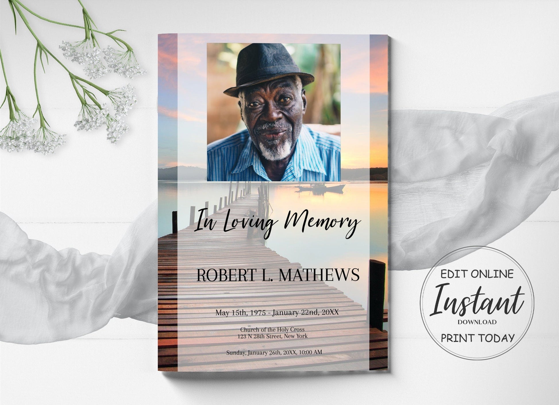 Dock At Sunset Theme Funeral Program Template - 4 Page - lovingmemoryprints