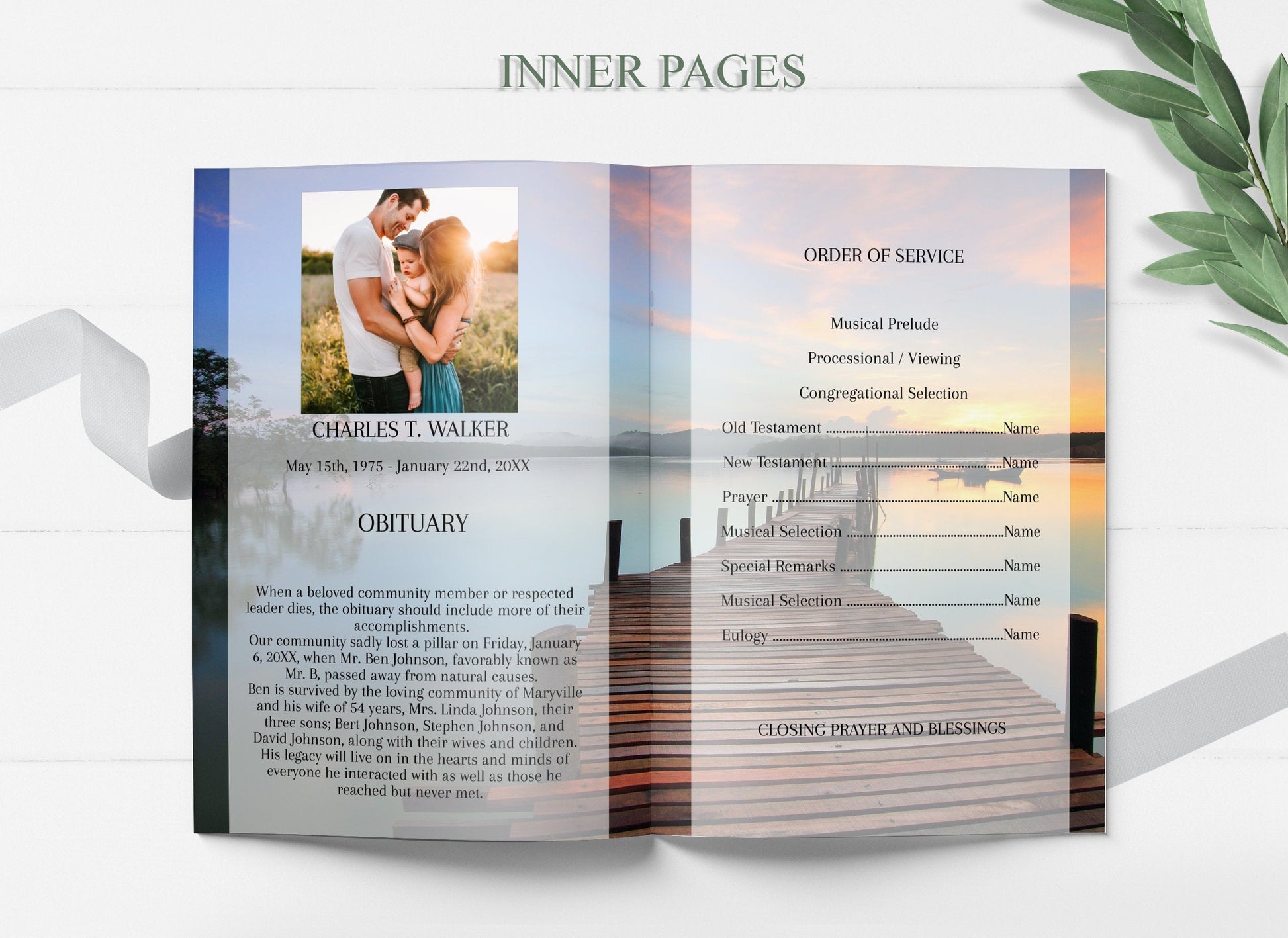 Dock At Sunset Theme Funeral Program Template - 4 Page - lovingmemoryprints