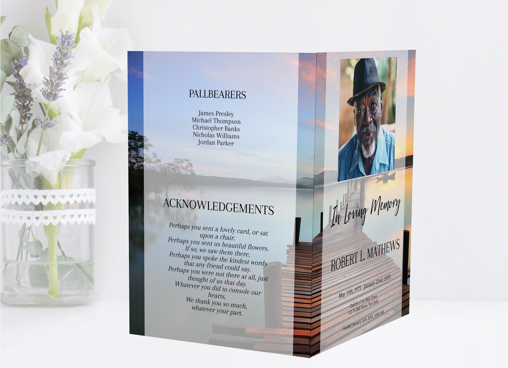 Dock At Sunset Theme Funeral Program Template - 4 Page - lovingmemoryprints