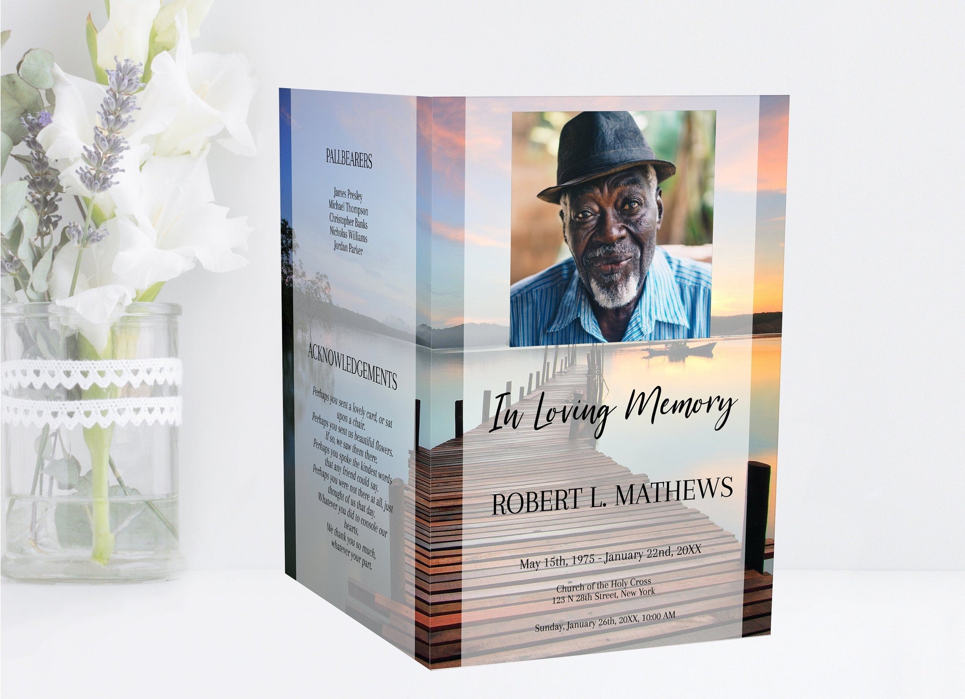 Dock At Sunset Theme Funeral Program Template - 4 Page - lovingmemoryprints