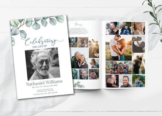Editable 8 Page Funeral Program Template | Greenery Celebration of Life Program | Eucalyptus Obituary Template | B160 - lovingmemoryprints