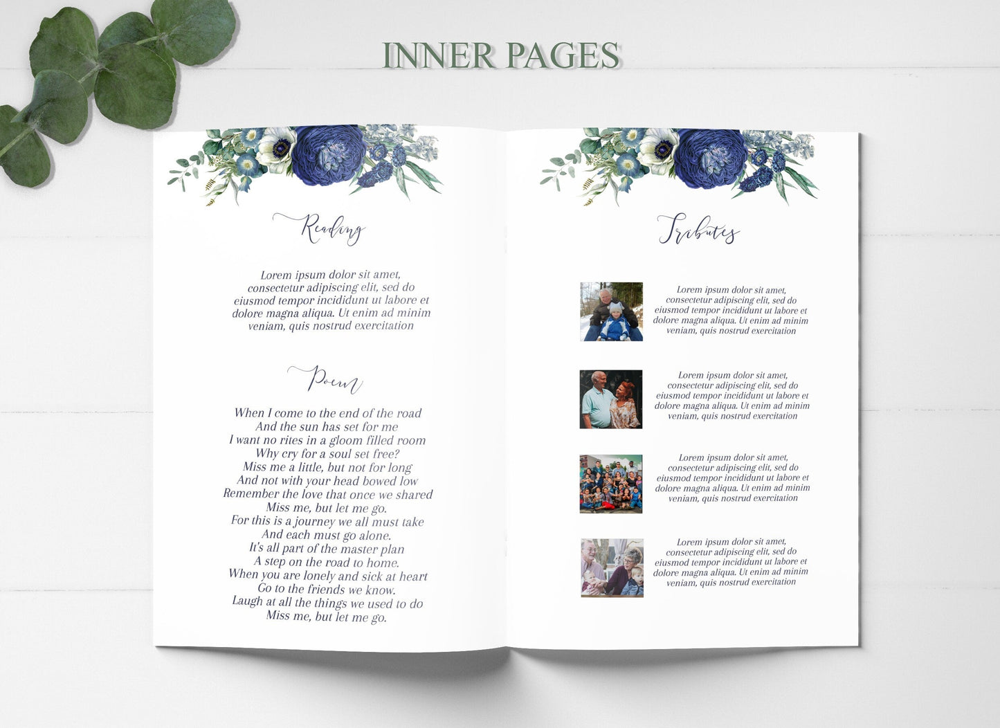 Editable 8 Page Navy Blue Celebration of Life Program Template - lovingmemoryprints