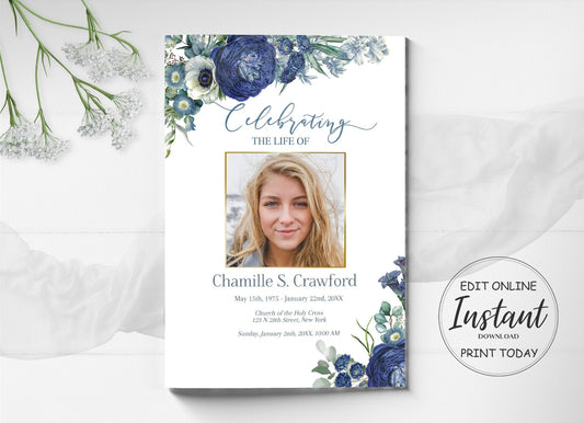 Editable 8 Page Navy Blue Celebration of Life Program Template - lovingmemoryprints