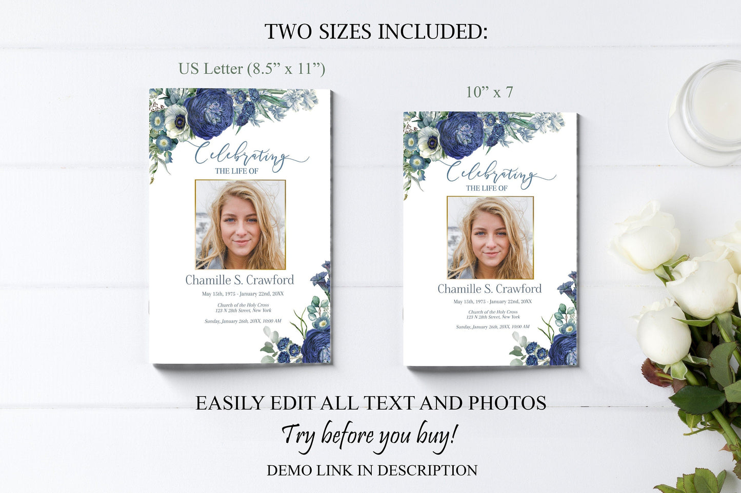 Editable 8 Page Navy Blue Celebration of Life Program Template - lovingmemoryprints