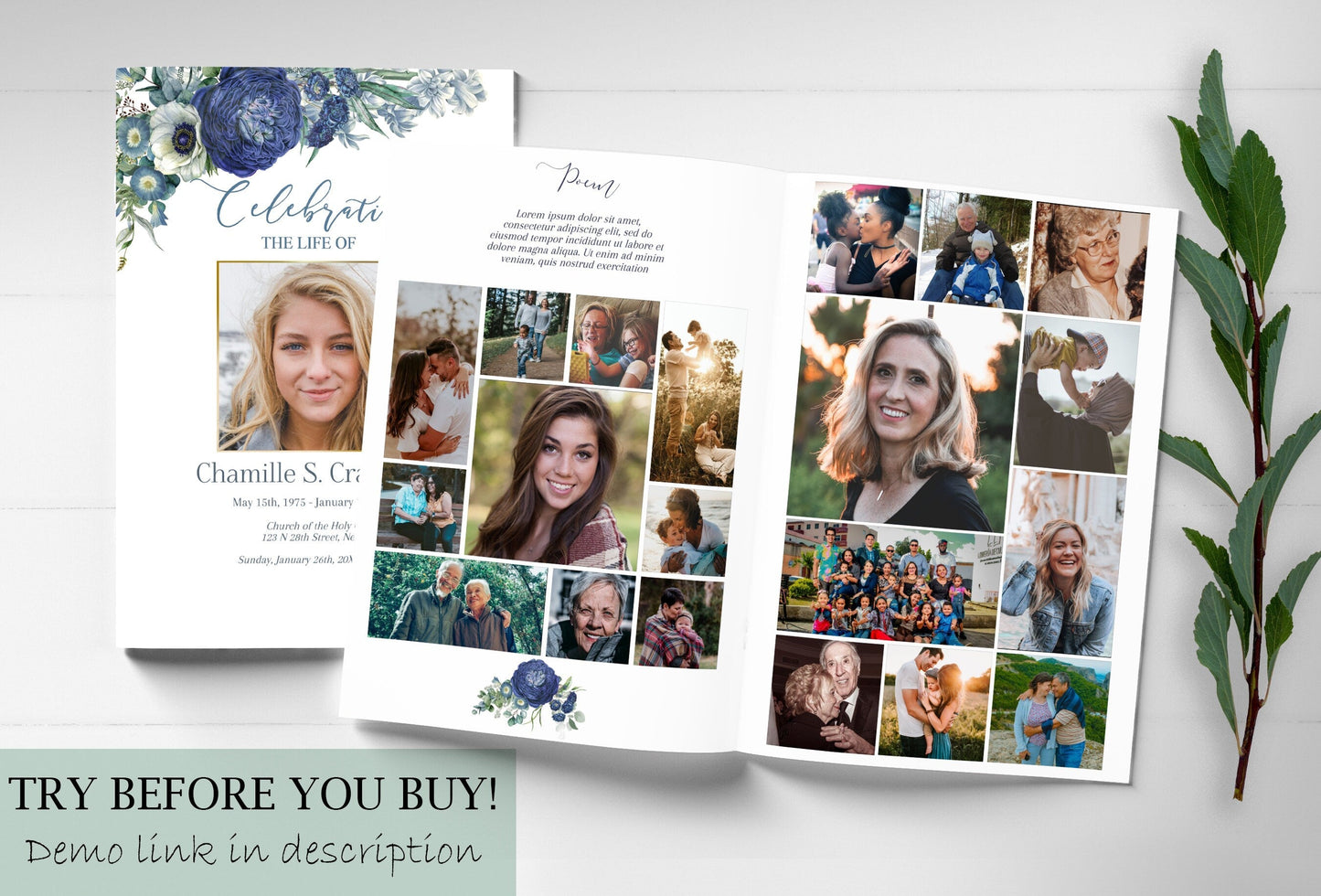 Editable 8 Page Navy Blue Celebration of Life Program Template - lovingmemoryprints