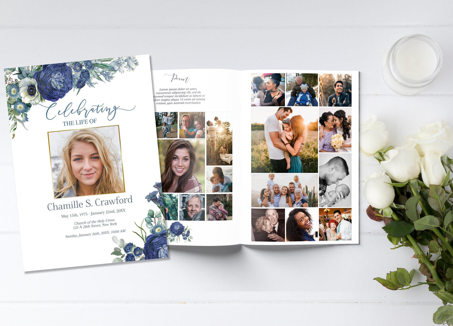 Editable 8 Page Navy Blue Celebration of Life Program Template - lovingmemoryprints