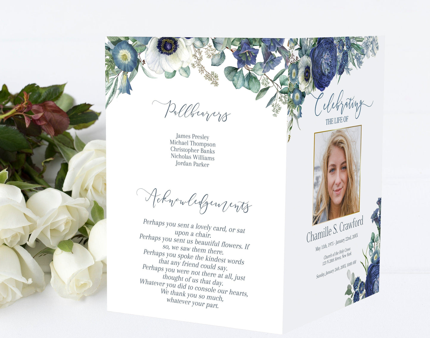 Editable 8 Page Navy Blue Celebration of Life Program Template - lovingmemoryprints