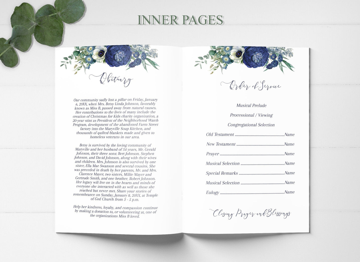 Editable 8 Page Navy Blue Celebration of Life Program Template - lovingmemoryprints