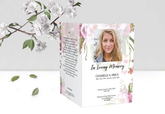 Editable Pink Flora Funeral Program For Woman - 4 Page - lovingmemoryprints