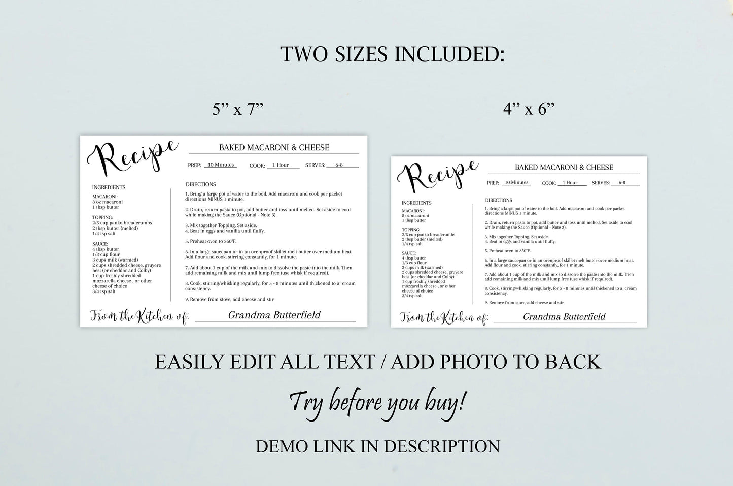 Editable Recipe Card Template | Minimal Recipe Card - lovingmemoryprints