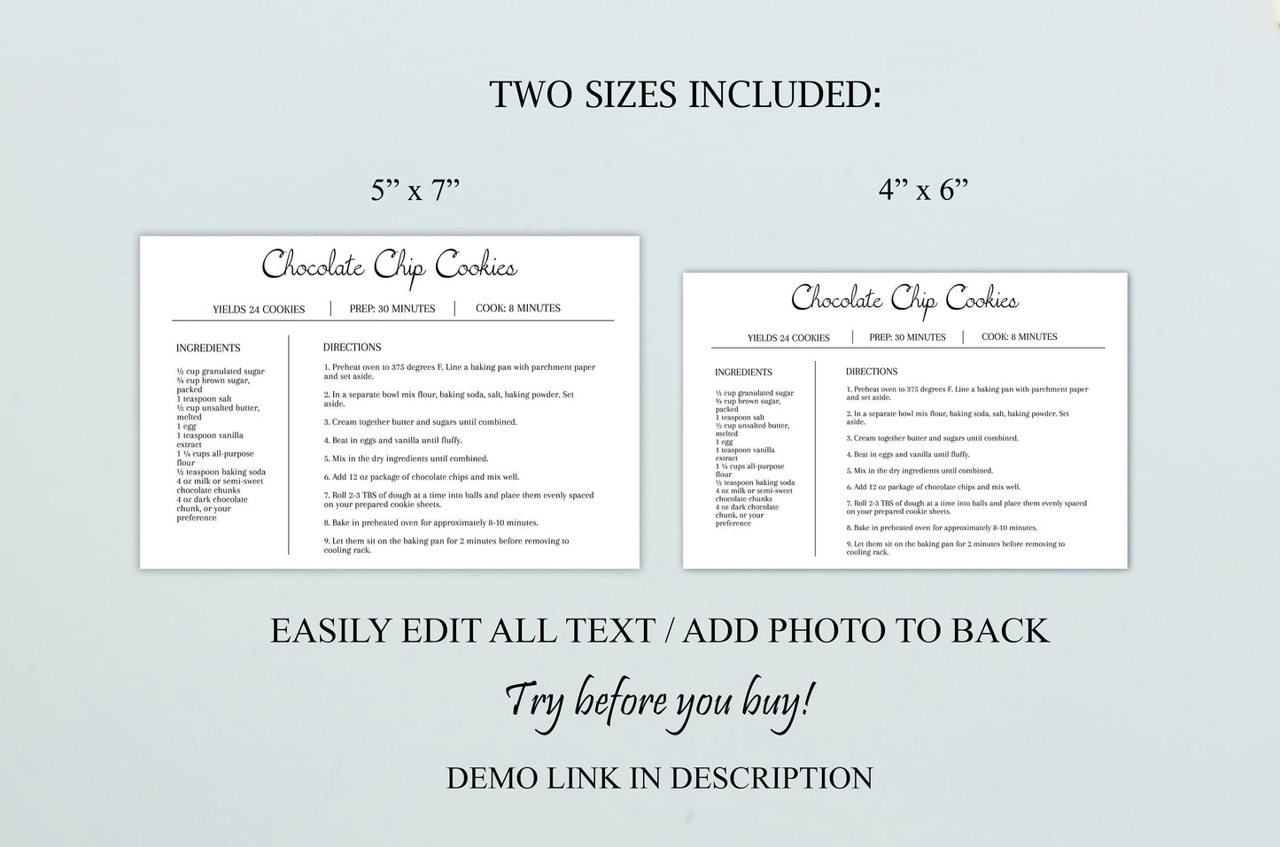 Editable Recipe Card Template | Minimal White Recipe Card | Recipe Book Template - lovingmemoryprints