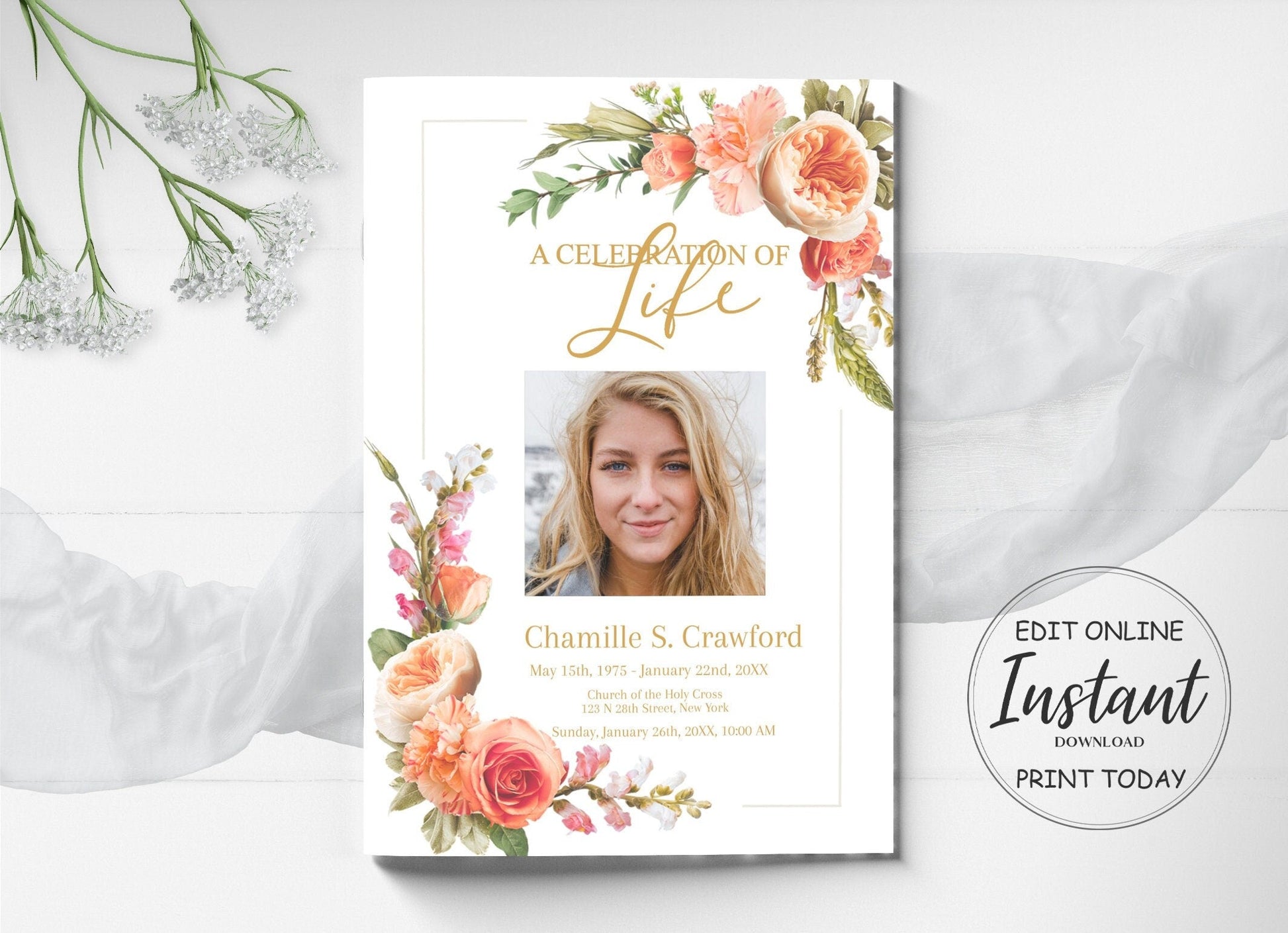 Elegant Floral Funeral Program Template - 8 Page - lovingmemoryprints