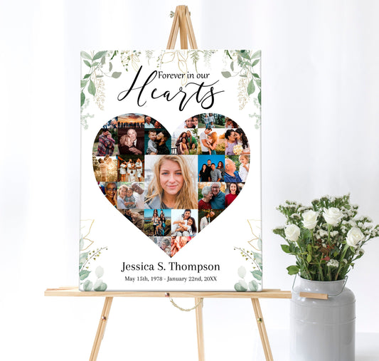 Elegant Greenery Funeral Service Poster Template - Heart Collage - lovingmemoryprints