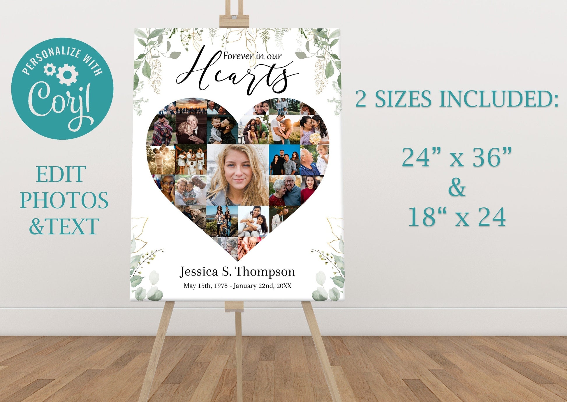Elegant Greenery Funeral Service Poster Template - Heart Collage - lovingmemoryprints