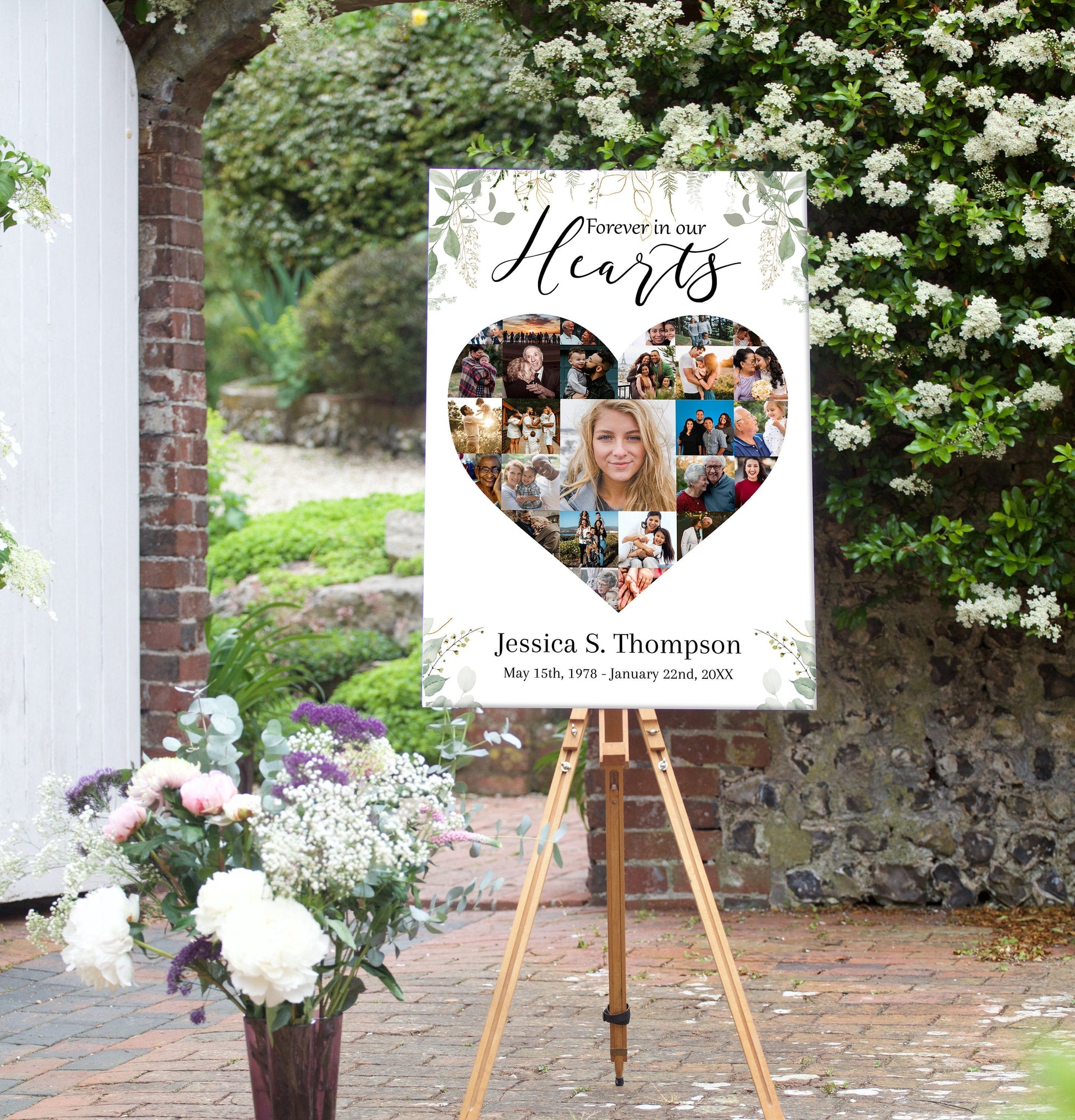 Elegant Greenery Funeral Service Poster Template - Heart Collage - lovingmemoryprints
