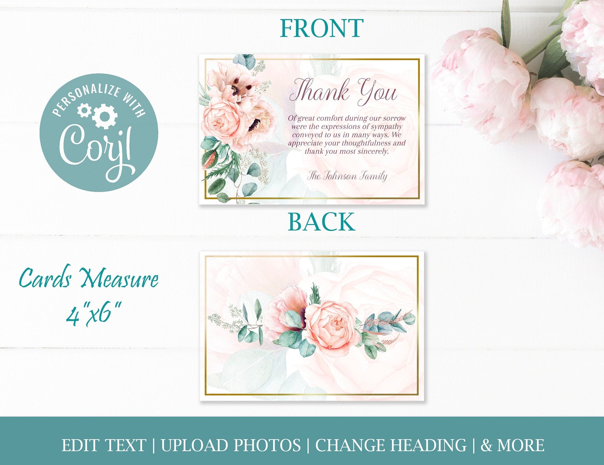 Elegant Pink Rose & Gold Funeral Thank You Cards Template - lovingmemoryprints