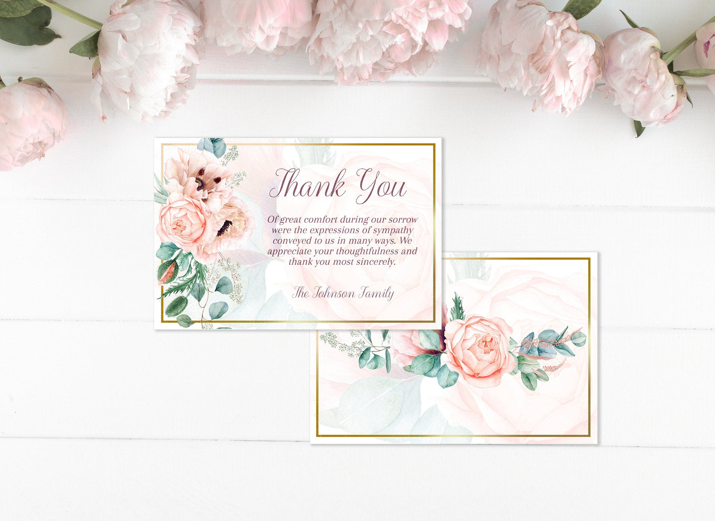 Elegant Pink Rose & Gold Funeral Thank You Cards Template - lovingmemoryprints