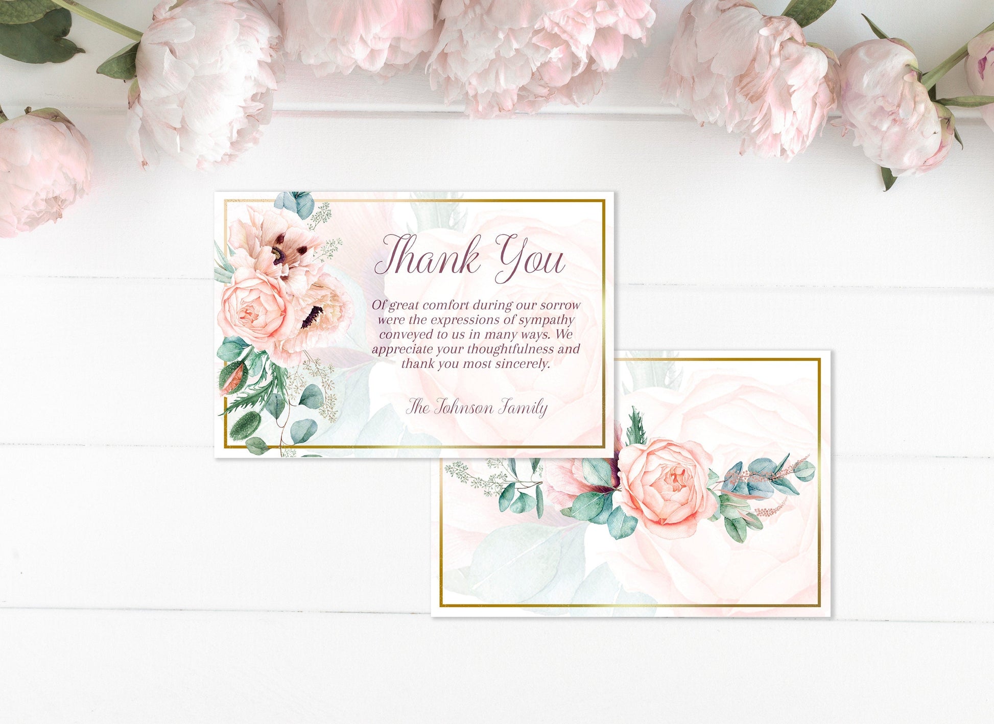 Elegant Pink Rose & Gold Funeral Thank You Cards Template - lovingmemoryprints