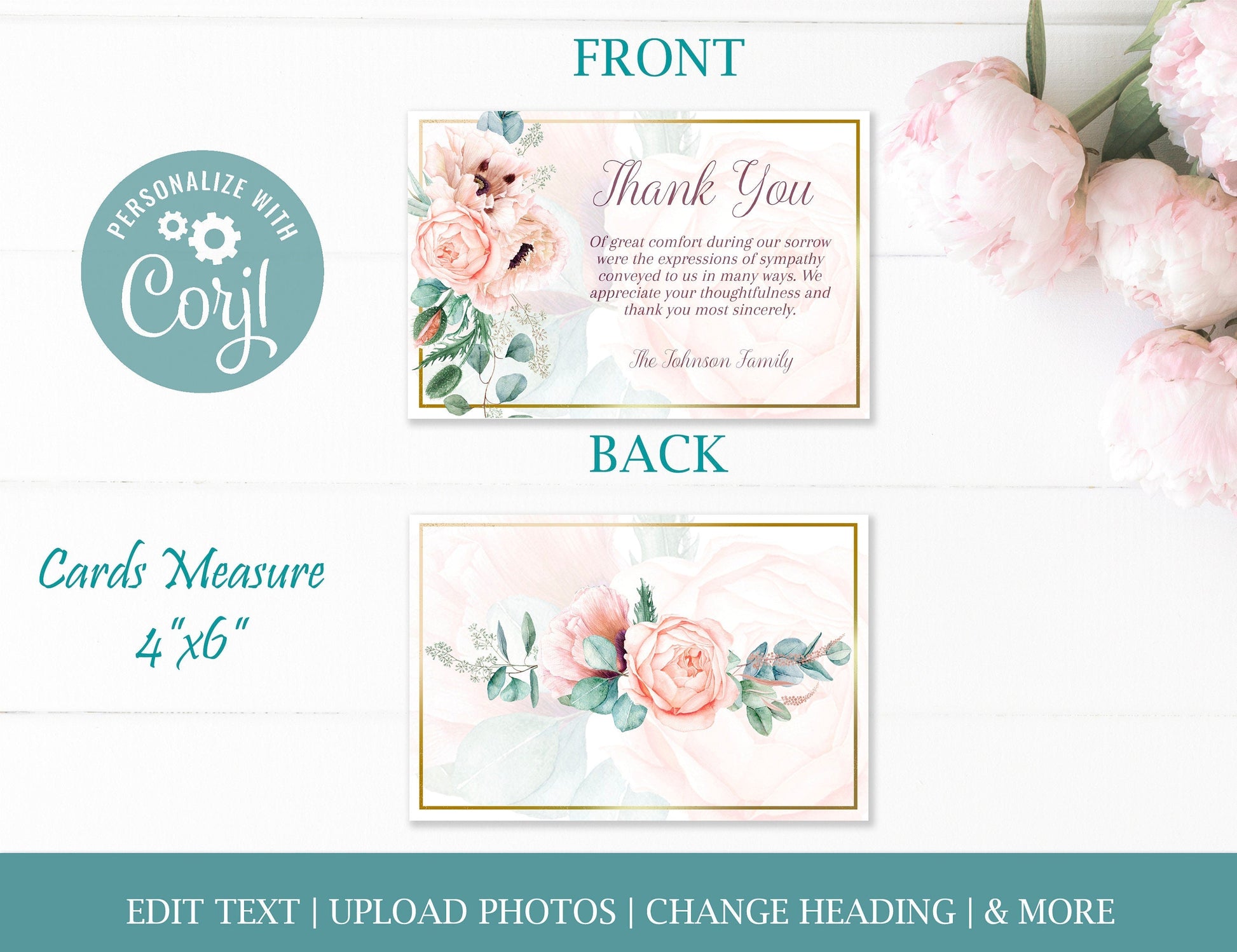Elegant Pink Rose & Gold Funeral Thank You Cards Template - lovingmemoryprints