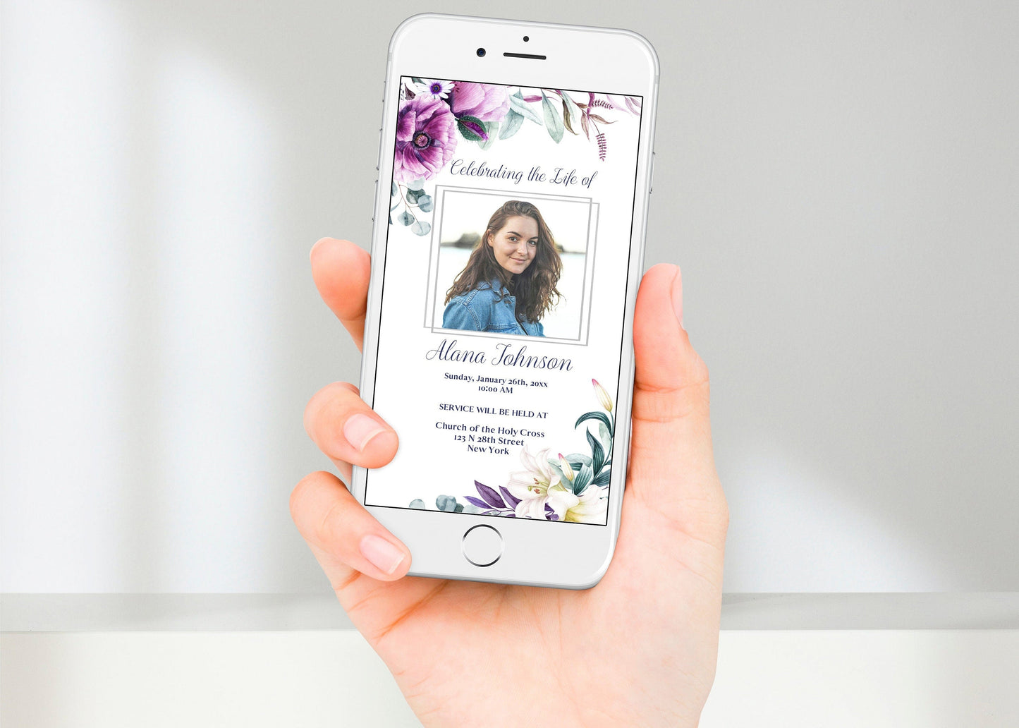 Elegant Purple Floral Funeral Announcement Template - Digital & Physical - lovingmemoryprints
