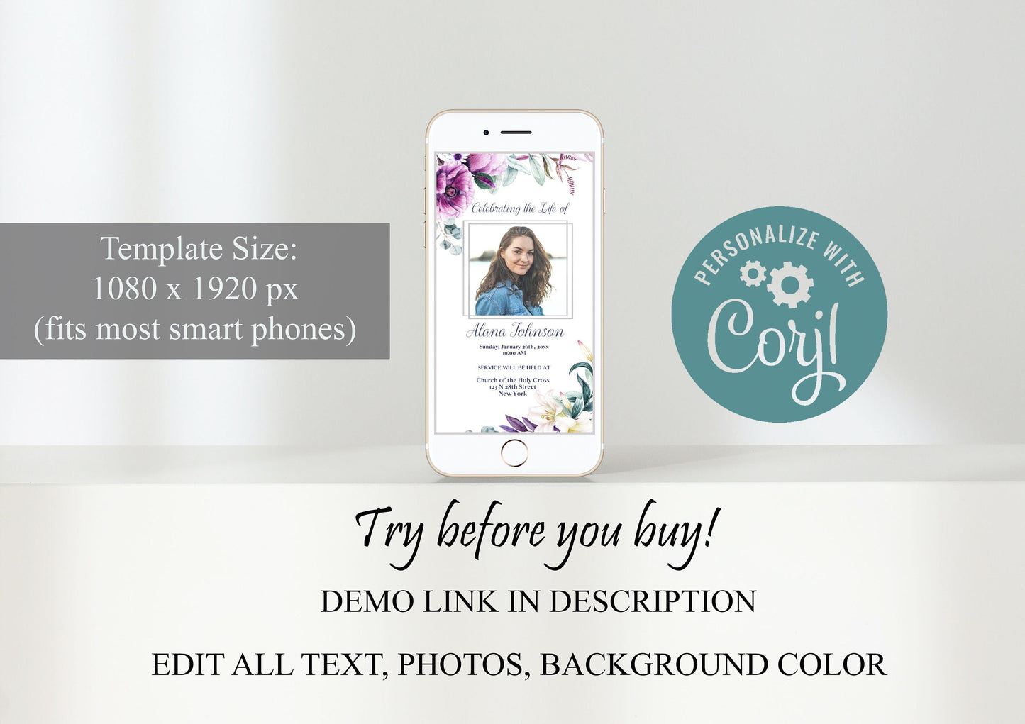 Elegant Purple Floral Funeral Announcement Template - Digital & Physical - lovingmemoryprints