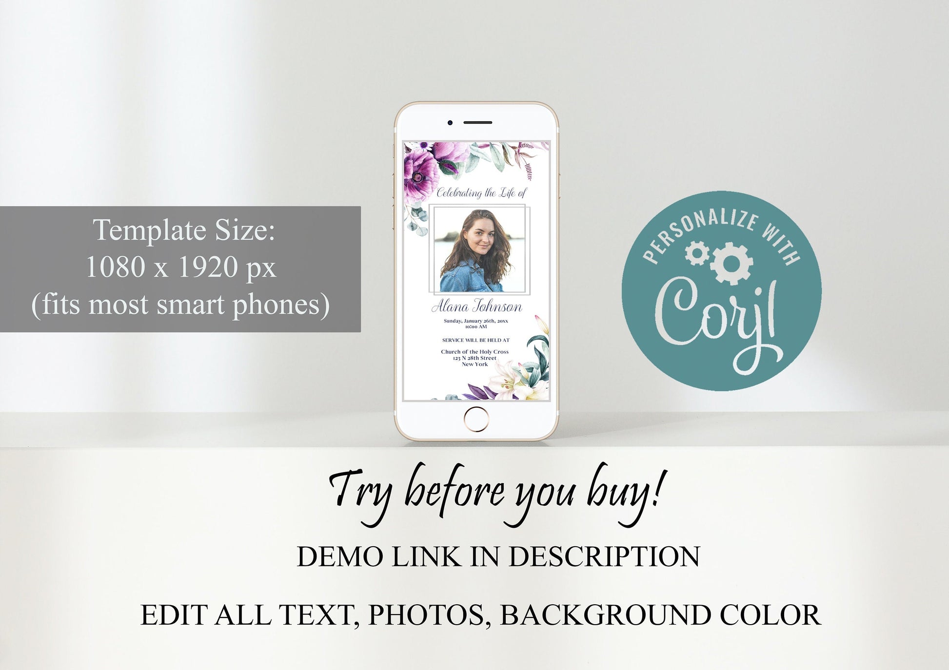 Elegant Purple Floral Funeral Announcement Template - Digital & Physical - lovingmemoryprints